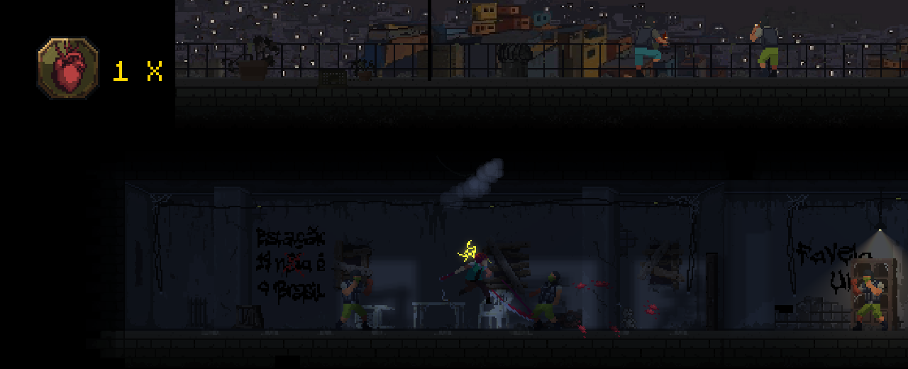 In-game: Orpheas fighting armed robbers in a dark hideout