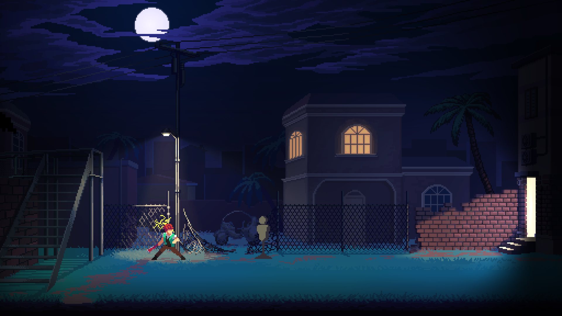 In-game: Orpheas sparking under a street lamp at night
