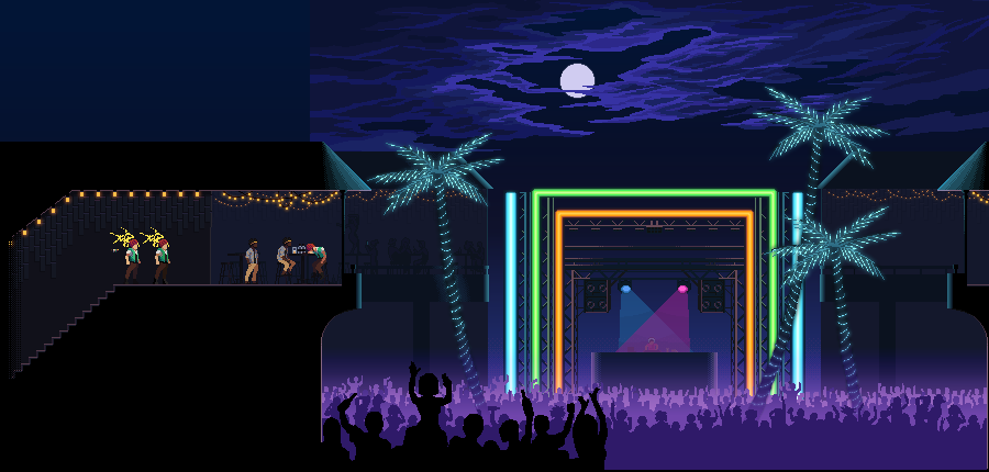 A neon beach club with a dancing crowd on the Jamaican Station